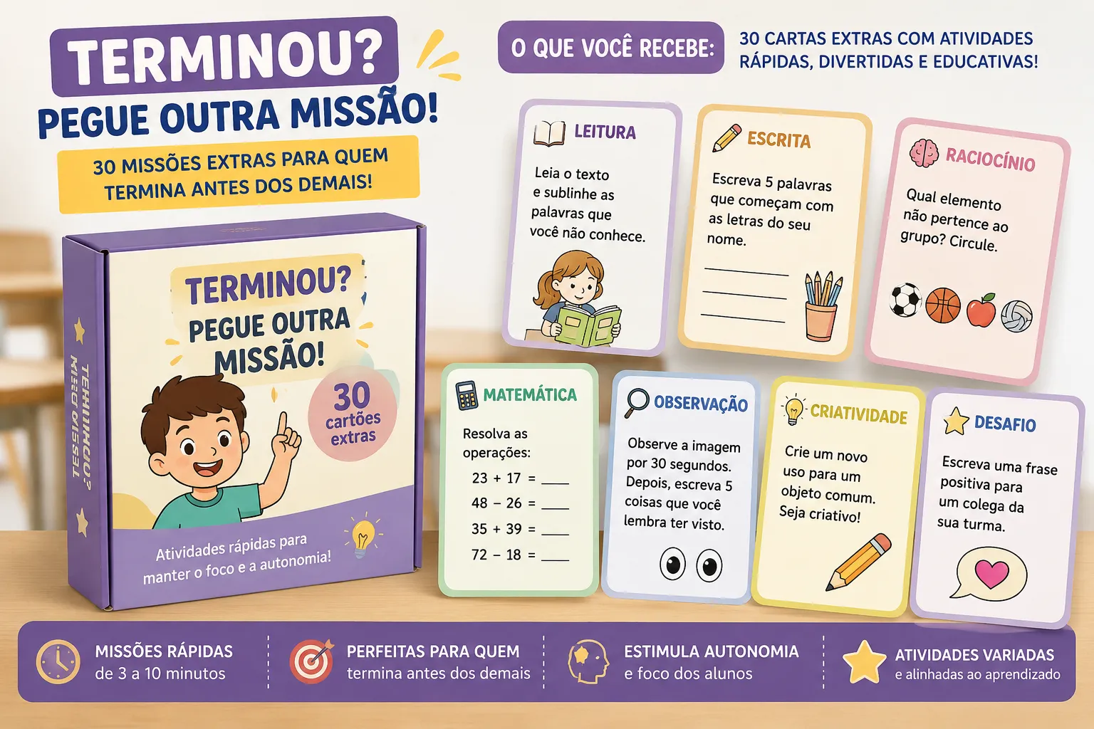Caixa do bônus Terminou? Pegue Outra Missão! com cartas de atividades extras