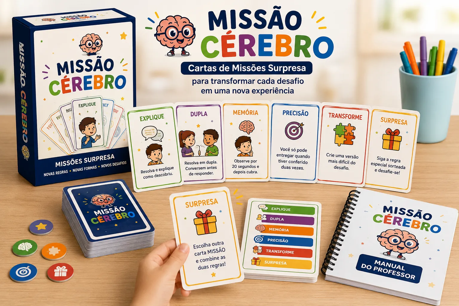 Bônus 01 Missão Cérebro: caixa, baralho de cartas de missões surpresa, marcadores e manual do professor