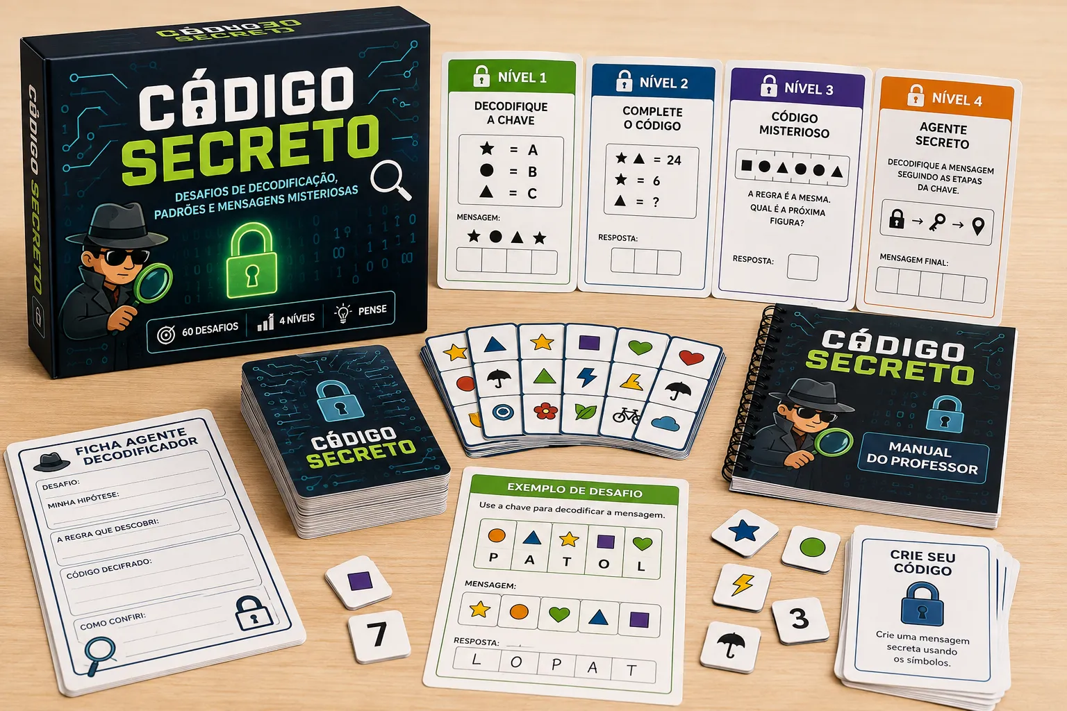 Bônus 02 Código Secreto: caixa, cartas de desafios em quatro níveis, peças de símbolos, ficha do agente decodificador e manual do professor