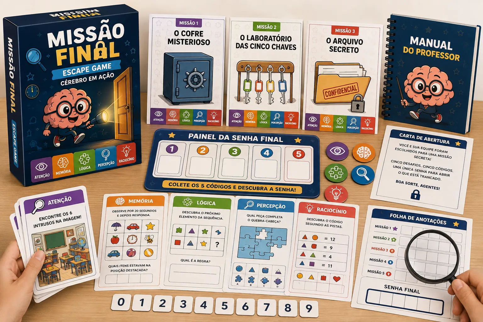 Bônus 03 Missão Final: caixa do escape game, cartas das missões, painel da senha final, folha de anotações e manual do professor
