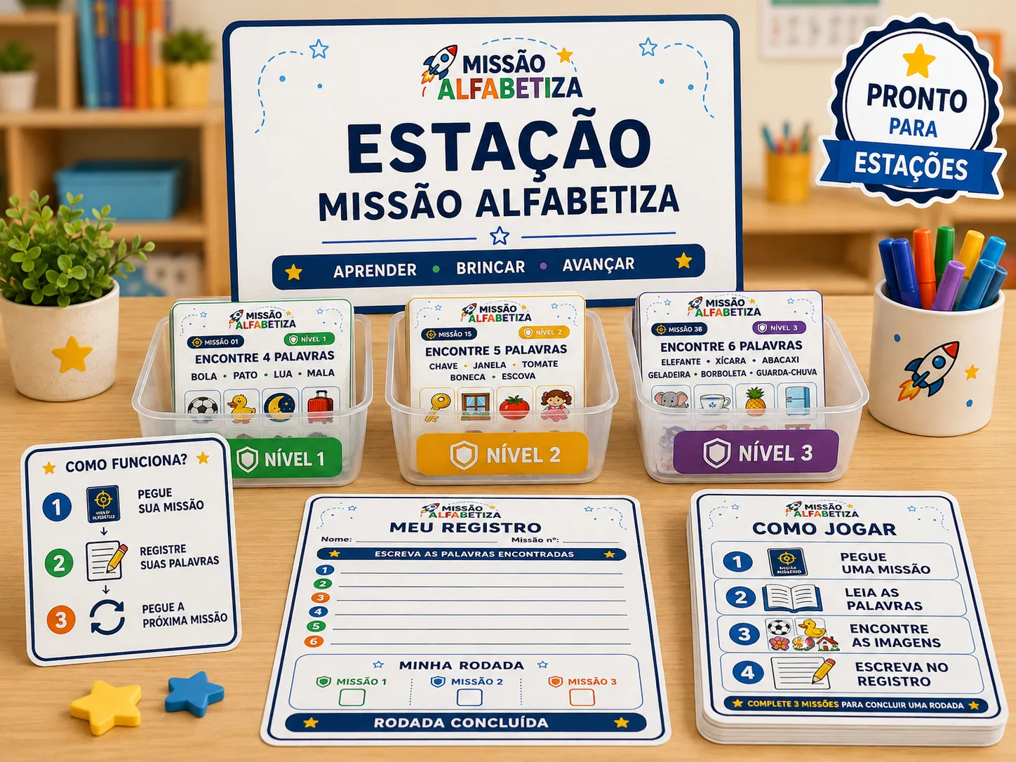 Estação montada com bandeja de cartas, níveis identificados e ficha de registro