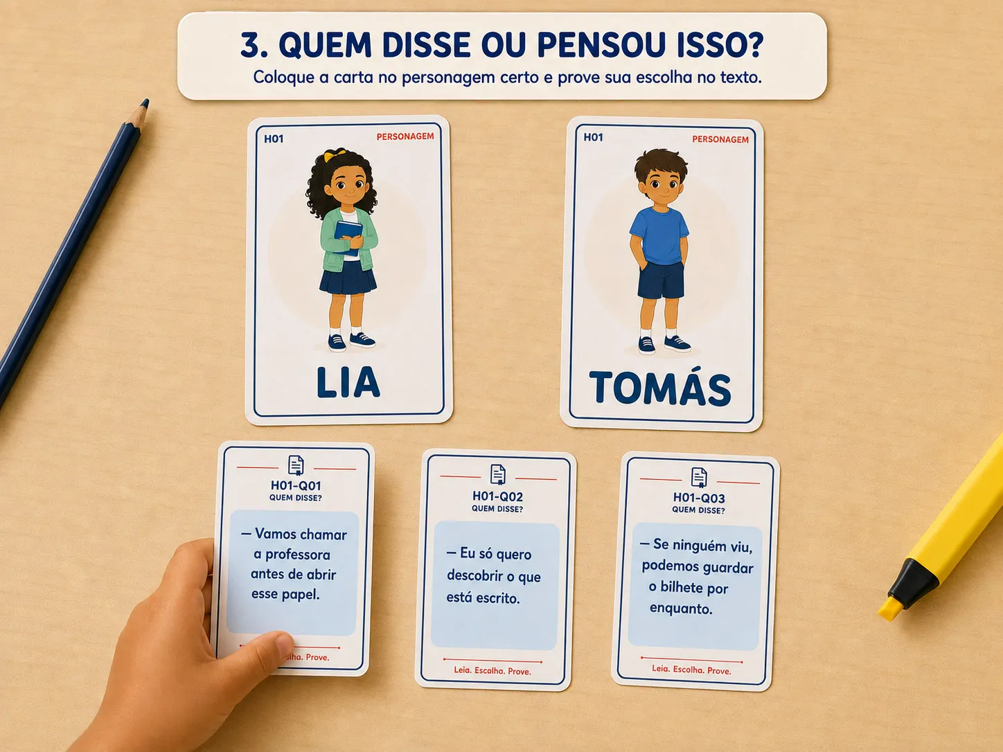 Passo 3: quem disse ou pensou isso? Coloque a carta no personagem certo