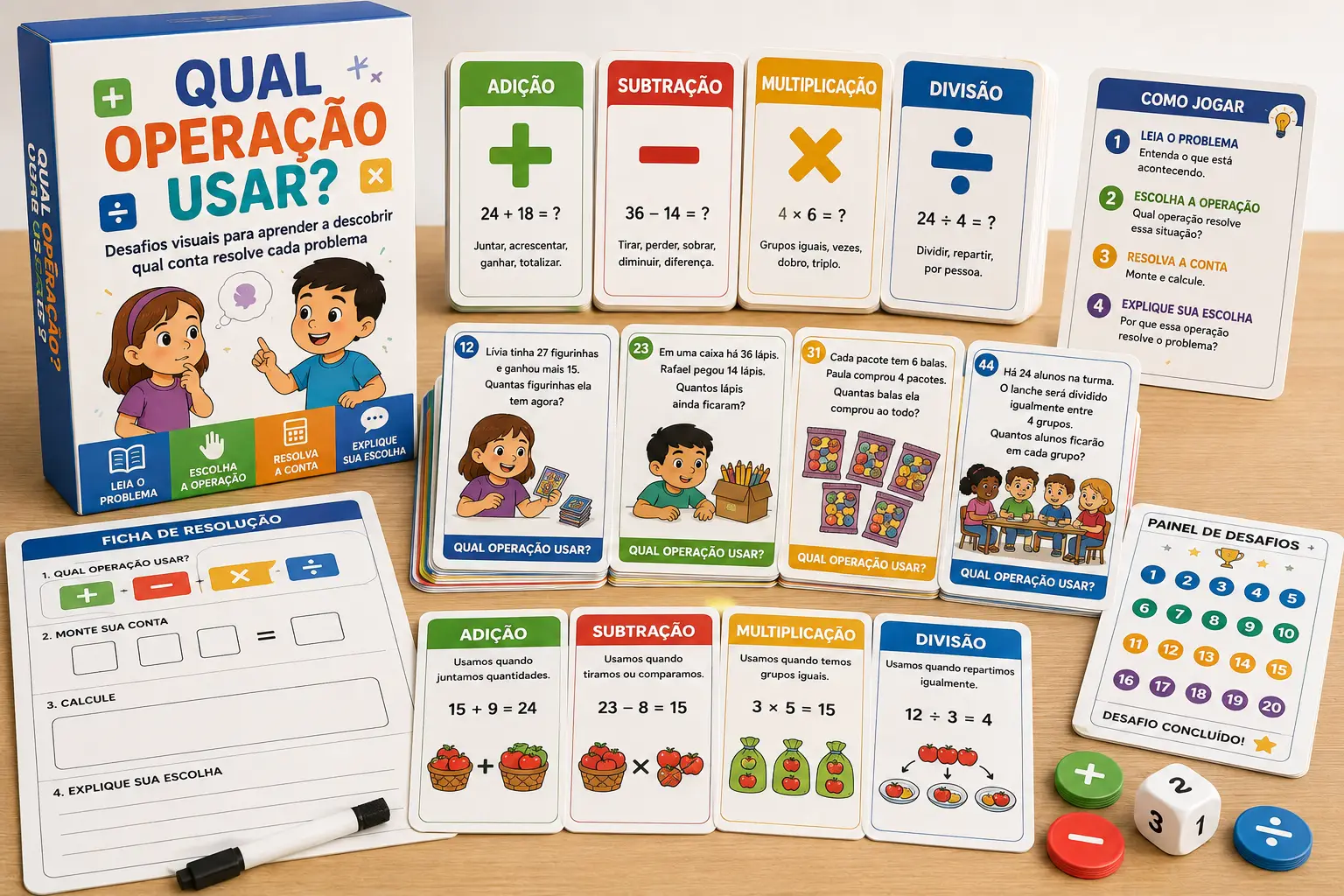 Kit Qual Operação Usar? com cartas de situações-problema, cartas de operação e fichas de resolução