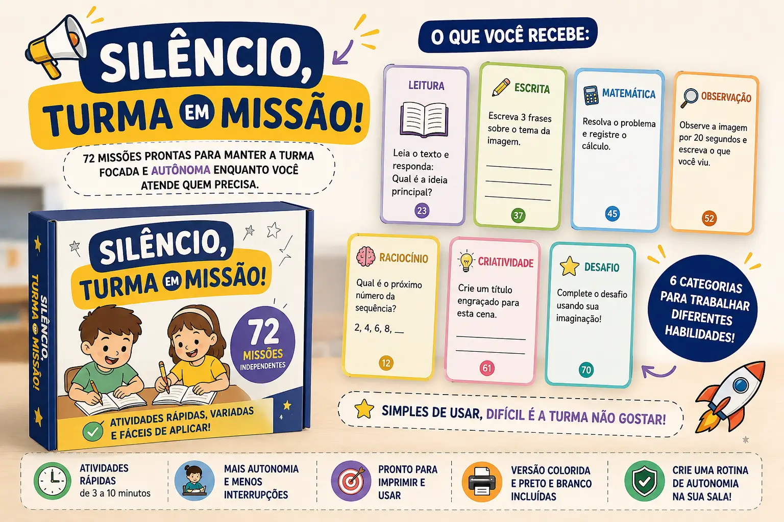 Kit Silêncio, Turma em Missão: caixa do baralho e exemplos de cartas de leitura, escrita, matemática, observação, raciocínio e criatividade