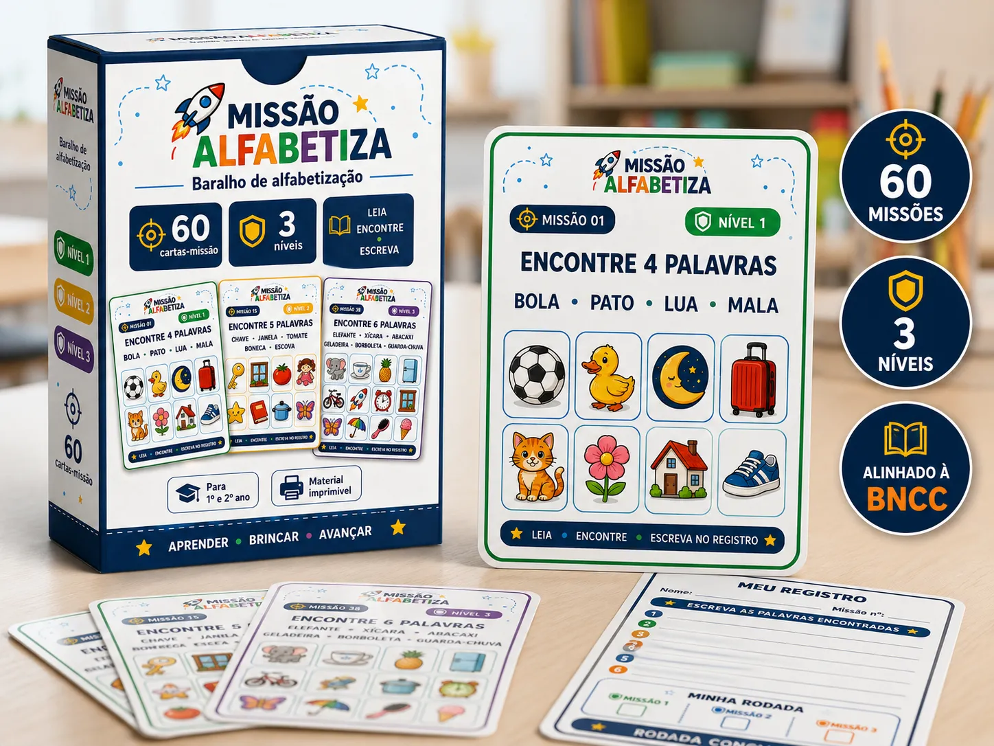 Caixa do Baralho Missão Alfabetiza com Cartas-Missão abertas ao redor
