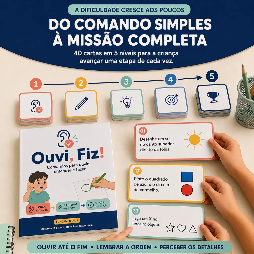 Baralho Ouvi, Fiz! completo apoiado na caixa do produto, com as cartas dos cinco níveis à frente